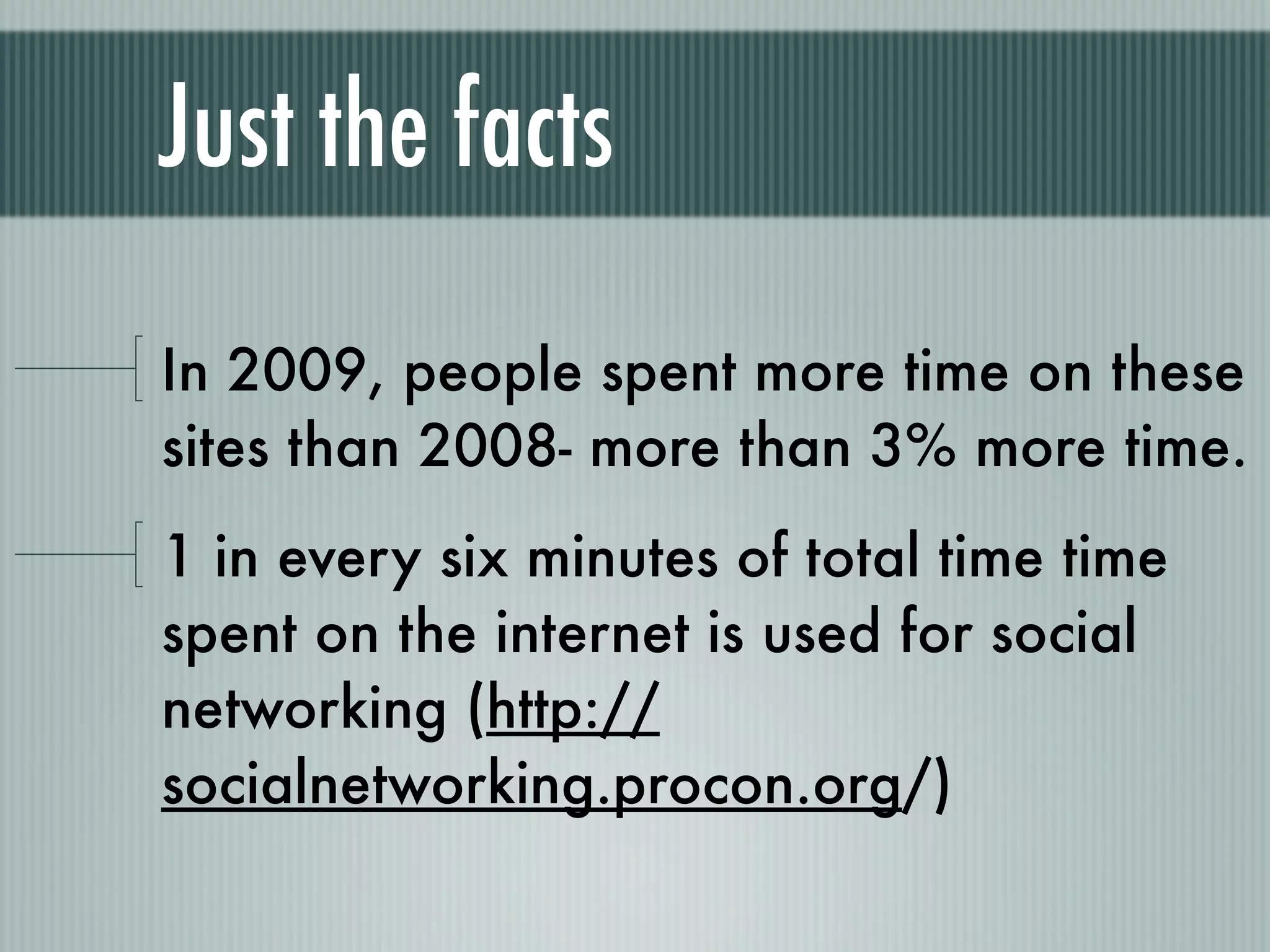 Just the facts

In 2009, people spent more time on these
sites than 2008- more than 3% more time.
1 in every six minutes of total time time
spent on the internet is used for social
networking (http://
socialnetworking.procon.org/)
 