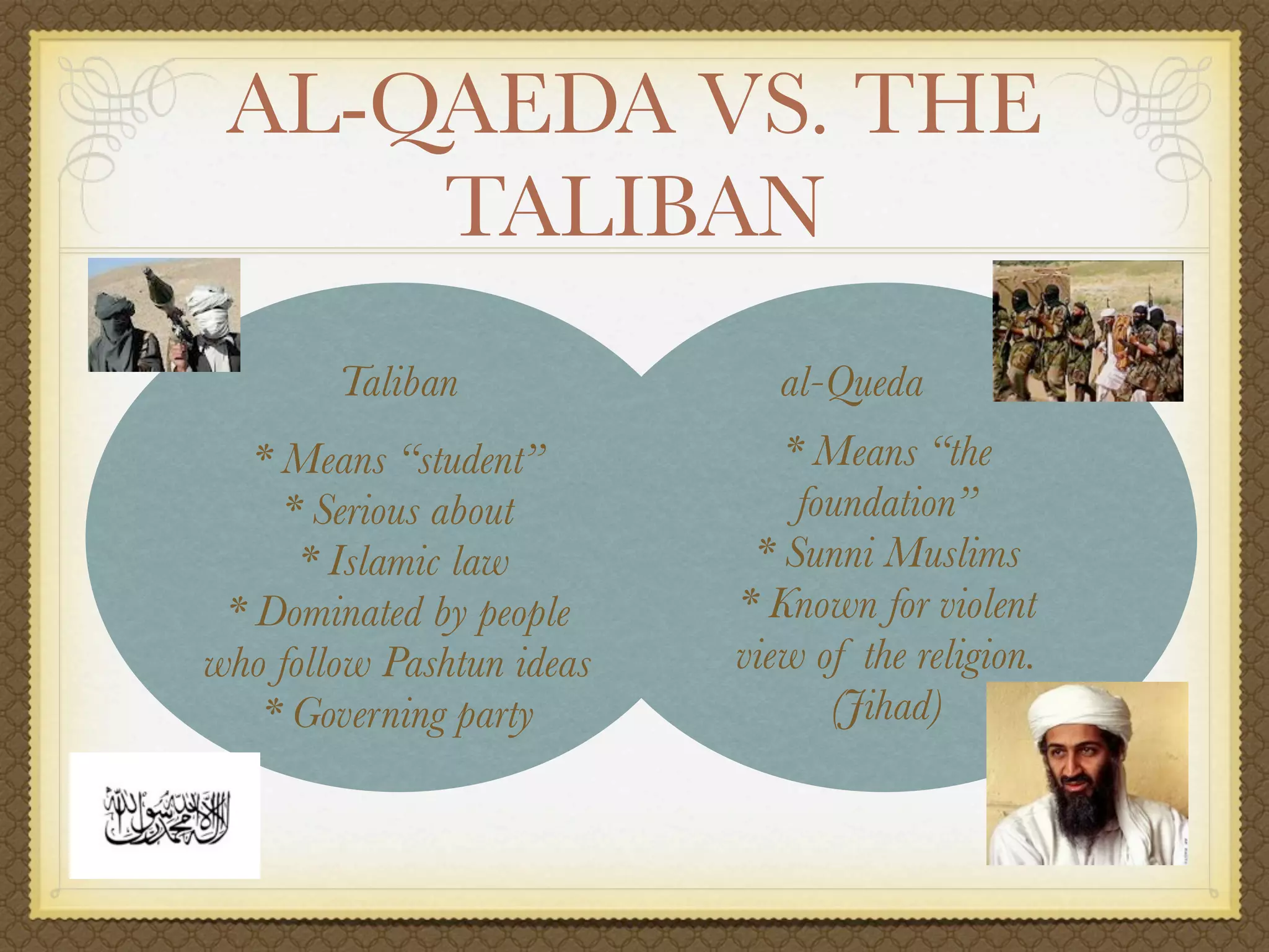 AL-QAEDA VS. THE
     TALIBAN
        Taliban               al-Queda
   * Means “student”          * Means “the
     * Serious about           foundation”
      * Islamic law         * Sunni Muslims
 * Dominated by people     * Known for violent
who follow Pashtun ideas   view of the religion.
   * Governing party             (Jihad)
 