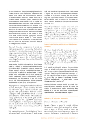As with mathematics, the proposed aggregated indicator          level does not necessarily imply that the school system
is taken from the Third International Mathematics and           is a good one; disparities between highest and lowest
Science Study (TIMSS) (see the ‘mathematics’ indicator          achievers in a particular country may still be very
for more detail about this study). The test covers five ar-     large. The gap could be linked to socioeconomic differ-
eas: earth science, life science, physics, chemistry, as well   ences as well as other factors (such as differences be-
as environmental issues and the nature of science. Stu-         tween curricula, differential selectivity, organisational
dents were expected to understand simple or complex in-         structure, etc.).
formation, to theorise, analyse and solve problems, to use
                                                                The study points to some variables which seem to be
tools, routine procedures, and scientific processes and to
                                                                related to the results. As concerns gender, boys per-
investigate the natural world. An analysis of how the test
                                                                form better than girls in all countries (fourth grade)
corresponds to the curriculum in different countries has
                                                                and significantly so in Austria, Hungary, Netherlands
shown substantial variations in the number of items
                                                                and the Czech Republic; and factors such as motiva-
which each country considers appropriate. However,
                                                                tion, status of scientific studies and jobs, and method-
when countries’ results in the test as a whole are com-
                                                                ological practices, also seem to be related to results.
pared with their results in a selection of items relevant to
their own curriculum, their relative positions in the study
are not significantly affected.
                                                                KEY POLICY ISSUES FOR DISCUSSION CONCERNING
The graph shows the average scores of seventh and               SCIENCES
eighth grade pupils from each country. The two thick
                                                                All citizens should to be able to access and use new
lines show the international averages for the European
                                                                technologies for their own benefit and for the eco-
and pre-accession countries in seventh (lower line) and
                                                                nomic and social improvement of the society. It is thus
eighth grades (upper line). The gap between the two
                                                                important to look not only at the average level of at-
averages (6.4 %) gives an idea of the difference be-
                                                                tainment, but also at the gap between higher and low-
tween the performances of the seventh and the eighth
                                                                er achievers. How can all students be encouraged to
grades students.
                                                                develop sufficient interest in science and in scien-
Some caution should be taken with the data. In some             tific thinking?
cases, the error due to sampling may be larger than the
                                                                It is crucial to distinguish between the contribution
difference between the averages. Thus, for example, the
                                                                made by schools, and other more fixed parameters
average in Greece (grade 8) cannot be considered to be
                                                                such as those resulting from social conditions. In order
different from the average in Germany (grade 7). As the
                                                                to reduce disparities and raise average attainment lev-
average age of students was not exactly the same in each
                                                                els, it is essential to focus on what schools and teach-
country, the scores of countries may be slightly under- or
                                                                ers can do. How can students learn to use the most-
overestimated. It is also important to take into account
                                                                efficient methodologies in experiencing science
the fact that some countries did not meet all the sample
                                                                through practical experiment?
criteria for one or more of the areas concerned.
                                                                In many countries, students’ interest in science, espe-
The graph shows some significant differences between            cially the physical sciences, is declining. As a result, the
countries. Among the European countries, the differ-            number of students taking science is dropping. What
ence between the highest-achieving country (the Czech           can we do to find out the reasons for this decline,
Republic, eighth grade: 64 %) and the lowest-achieving          and to increase the numbers taking science?
one (Cyprus, eighth grade: 47 %) is 17 %. If we consid-
er this difference in relation to the difference between
average performance in the seventh grade and the
                                                                EXAMPLES OF NATIONAL INITIATIVES
eighth grade, we see that a gap of 17 % represents ap-
proximately 2.7 years of student progress. Japan obtains        (For more information see Annex 1)
very high results at both levels, whilst the United States’
score is closer to the European mean, particularly at           Europe — ‘Women in science’ is a mobile exhibition
eighth grade.                                                   illustrating the history of science through the achieve-
                                                                ments of women in different periods of history and
It is important to consider the distribution of the re-         current trends in the feminist approach to science. It is
sults around each national average. A good average              organised by European networks and the European


                                                           EUROPEAN REPORT ON THE QUALITY OF SCHOOL EDUCATION | 21
 