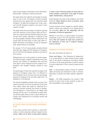 quest of the European Commission’s then Directorate-        to make a more informed analysis of social and eco-
General XXII — Education, Training and Youth.               nomic problems, particularly in the light of human
                                                            rights considerations, among others?
The graph shows the respective percentages of young-
sters, in each of the 15 European countries surveyed,       Social diversity may both create problems and enrich
claiming that they agreed with two assertions about         social life. What should be done to promote social
foreigners: ‘I’m glad that foreigners live in (our coun-    and cultural diversity?
try)’ and ‘All foreigners should be sent back to their
                                                            In some countries, civics is taught as a specific subject,
country of origin’.
                                                            whilst in others, civic education is an integral part of
The graph shows the percentages of students agreeing        the curriculum. What are the advantages and the
with each assertion in each country. These are the re-      drawbacks of different approaches?
sults of an opinion poll and should therefore be treat-
                                                            Whether or not civics is a special subject, all teachers
ed with some caution, although it is difficult to find
                                                            should play a part in the civic education of their stu-
out about people’s attitudes without asking them and
                                                            dents. How can teachers be made more sensitive to
surveys offer the best option in some cases. More in-
                                                            the importance of their role in students’ develop-
depth information and analysis on such an important
                                                            ment as citizens?
topic would, however, be desirable.

On average, 15 % of young people surveyed claimed
that they were happy with the presence of foreigners,       EXAMPLES OF NATIONAL INITIATIVES
but 9 % felt that all foreigners should be sent back to
                                                            (For more information see Annex 1)
their country.
                                                            Greece and Cyprus — The ‘Parliament of adolescents’
Although there are no clear patterns or clusters appar-
                                                            is an annual project in which elected Lyceum pupils
ent from the graph a negative relationship can be seen
                                                            meet in the House of Parliament and discuss matters
between the numbers of respondents who said they
                                                            of concern of the young generation as well as matters
were ‘glad’ to have foreigners and the numbers of re-
                                                            of current importance to their country, Europe and the
spondents who thought foreigners should be ‘sent
                                                            world.
back’.
                                                            Italy — In all secondary schools a statute of students’
The percentages of those who said they are glad of the
                                                            rights and duties was introduced in order to enhance
presence of foreigners range from 7 % (Greece) to
                                                            democracy in schools and widen students’ opportuni-
45 % (Finland), and at the same time the percentages        ties.
arguing for foreigners to be sent back range from 1 %
(Sweden) to 19 % (Greece).                                  Poland — The KOSS programme has trained 2 000
                                                            teachers to teach civics to their students. It also cre-
The indicator highlights attitudes which are part of the    ates and publishes civics programmes.
school curriculum in a lot of countries but at the same
time reflects values that might be influenced by a
country’s economic situation and trends in immigra-
tion. According to J. Torney-Purta et al. (1999), social
diversity and the way it is understood by policy-mak-
ers and the public seems to have a great influence on
schools, with implications for curriculum content and
methodology.


KEY POLICY ISSUES FOR DISCUSSION CONCERNING
CIVICS

In the many countries with economic or social diffi-
culties, it is often tempting to blame foreigners for the
problem. What can be done to help school students


32 | EUROPEAN REPORT ON THE QUALITY OF SCHOOL EDUCATION
 