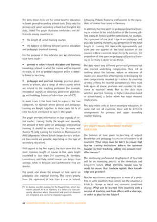 The data shown here are for initial teacher education              Lithuania, Poland, Romania and Slovenia to the equiv-
in lower general secondary schools only. Data exist for            alent of almost four years in Germany.
primary and upper secondary schools too (Eurydice key
                                                                   In addition, the time spent on pedagogic/practical train-
data, 2000). The graph illustrates similarities and dif-
                                                                   ing in relation to the total duration of the training dif-
ferences among countries in:
                                                                   fers widely. In Finland and the Netherlands, for example,
•   the length of initial training courses                         the equivalent of one year is spent on pedagogic and
                                                                   practical training. However, as a proportion of the total
• the balance in training between general education                length of training this represents approximately one
and pedagogic practical training.                                  sixth and one quarter of the total duration of the
                                                                   courses in these countries, respectively. By contrast, the
For the purposes of this indicator, two key distinctions           proportion of time spent on pedagogical/practical train-
have been made:                                                    ing in Germany is closer to two thirds.
• general or subject-based education and training:                 The data reveal very different patterns of provision but
knowledge related to what the trainee will be required             also conceal underlying complexities. They tell us
to teach, as well as general education which is direct-            nothing about the balance, nature or relevance of
ly linked to teaching                                              studies nor about their effectiveness in developing the
                                                                   core competencies required by teachers. As countries
• pedagogic and practical training: practical place-
                                                                   develop criteria for teacher competencies, they must
ments in schools, plus a range of other courses which
                                                                   look again at course provision and consider its rele-
are related to the teaching profession (for example,
                                                                   vance to teachers’ needs. Nor do the data show
theoretical courses on didactics, adolescent psycholo-             whether practical training is higher-education-based
gy, methodology, history of education, use of ICT).                or school-based, a factor which has major resource
In some cases it has been hard to separate the two                 implications.
categories, for example where general and pedagogic                The data relate only to lower secondary education. In
training are taught together. In these cases 50 % of               some, but not all countries, there will be different
time has been attributed to each in the graph.                     arrangements for primary and upper secondary
                                                                   teacher training.
The graph provides information on two aspects of ini-
tial teacher training: firstly, the length and, secondly,
the amount of time spent on pedagogic and practical                KEY POLICY ISSUES CONCERNING TEACHER
training. It should be noted that, for Germany and                 EDUCATION
Austria (8), only training for teachers in Gymnasium or
AHS (allgemeine höhere Schule) respectively is includ-             The balance of time given to teaching of subject
ed (two routes are possible, depending on the type of              knowledge and pedagogy is a matter of concern to all
secondary education).                                              countries. What steps must be taken to ensure that
                                                                   teacher training institutions achieve the optimum
With regard to the first aspect, the data show that the            balance in their teaching, taking into account cost-
most common length of course is five years (eight                  effectiveness?
countries) or four years (14 countries). In Germany,
Luxembourg and Italy, initial courses are longer than              The continuing professional development of teachers
average, while in Belgium and Liechtenstein they are               will be an increasing priority in the immediate and
                                                                   long-term future. What provision should now be
shorter.
                                                                   made to ensure that teachers update their knowl-
The graph also shows the amount of time spent on                   edge and practice?
pedagogic and practical training. This varies greatly,
                                                                   Teacher recruitment and retention is more of a prob-
from the equivalent of less than a year in Ireland,
                                                                   lem in some countries than others but the situation is
                                                                   liable to change as social and economic conditions
(8) In Austria, teacher training for the Hauptschule, which rep-   change. What can be learned from countries with a
    resents around 70 % of teachers, is a three-year non-uni-
    versity education where theoretical and practical elements     surplus of teachers, and from others with a shortage,
    are integrated and cannot be displayed separately.             in order to plan for the future?


48 | EUROPEAN REPORT ON THE QUALITY OF SCHOOL EDUCATION
 