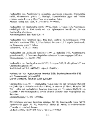 Nachzuchten von Acanthoscurria geniculata, Avicularia simoensis, Brachypelma
smithi, Grammostola grossa, G. iheringii, Tapinauchenius gigas und Vitalius
cristatus sowie diverse größere Tiere verschiedener Arten.
Andreas Halbig, Tel.: 02382-61277 oder 0179-4946693

Nachzuchten von Brachypelma smithi 7/99 (2. Haut), B. vagans 7/99, Psalmopoeus
cambridgei 8/98 + 8/99 sowie 0,1 von Aphonepelma borelli und 2,0 von
Brachypelma albopilosa.
Robert Bogdanski, Tel.: 0251-626875

Nachzuchten von Paraphysa spec. blau (syn. Euathlus pulcherimaklaasii 7/99),
Avicularia versicolor 5799; 1,0 Poecilotheria fasciata + 1,0 P. regalis (beide adult)
zur Verpaarung gegen ½ Kokon.
Volker Bier, Tel.: 0221-881115

Nachzuchten von Avicularia versicolor 5/99, A. metallica 7/99, Acanthoscurria
geniculata 6/99; 1,0 Grammostola pulchra (adult) zur Verpaarung gegen ½ Kokon.
Thomas Jansen, Tel.: 02203-57363

Nachzuchten von Brachypelma smithi 7/99, B. vagans 5/97, B. albopilosa 5/97 und
Grammostola grossa 5/98.
Karl-Heinz Ried, Tel.: 04321-73116 (nach 17.00 Uhr)

Nachzuchten von Hysterocrates hercules 5/99, Brachypelma smithi 6/99
und Grammostola grossa 8/99.
Martin Meinhardt, Tel./Fax: 0251-6285960

Grammostola rosea 0,1 + Brachypelma vagans (jeweils mit Terrarium 60x30x30
cm (LxBxH)); Avicularia versicolor (8.Haut), A. urticans (6. Haut), Skorpion (NZ
96) – alles mit Aufzuchtbox; Pandinus imperator mit Terrarium 80x30x30 cm
(LxBxH) + Beleuchtungsaufsatz sowie diverse Literatur über Vogelspinnen und
Skorpione.
Margarete Jäger, Tel.: 0951-2081122

2,0 Ephebopus murinus; Lasiodora striatipes NZ 98; Grammostola rosea NZ 98;
Hysterocrates gigas NZ 99; Wandelnde Blätter (3 Arten); Riesenheuschrecke
(Tropidacres corallus), Larven.
Dr. Ralf Mörtter, Tel.: 07253-70734, Fax: 07253-953108

                                         14
 