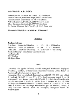 Neue Mitglieder in der DeArGe

Thorsten Gurzan, Sternenstr. 45, Zimmer 129, 53115 Bonn
Michael Tolksdorf, Schwarzer Weg 6, 45883 Gelsenkirchen
Jens Lütkemmaß, Eisenbahnstr. 12, 49074 Osnabrück
Andreas Rieckmann, Dorfstr. 36, 21403 Wendisch-Evern
Silvio Kessmann, Lessingstr. 21, 97990 Weikersheim
Dr. Carsten Schneider, Karl-Prinz-Weg 4, 24239 Achterwehr

Allen neuen Mitgliedern ein herzliches Willkommen!



                                  Börsenteil

Zeichenerklärung:
Erste Zahl: Anzahl der Männchen → z.B.: 1,0 = 1 Männchen
Zweite Zahl: Anzahl der Weibchen → z.B.: 0,2 = 2 Weibchen
Dritte Zahl: Anzahl der Spiderlinge → z.B.: 0,05 = 5 Spiderlinge
RH: Reifehäutung = Erreichen der Geschlechtsreife
NZ: Nachzucht
WF: Wildfang
KL: Körperlänge


                                     Biete

Cupiennius salei (große Variante), klein bis mittelgroß; Netzbauende Jagdspinne
(Südafrika), knallbunt, hochinteressant; Riesenkrabbenspinne „White Lady“ aus
Australien; Nephila kenianensis, kleine NZ.
Nachzuchten klein bis mittelgroß: Brachypelma smithi NZ 4/98, 4/99 (sehr schön);
B. boehmei NZ 8/97 (5 cm), 3/99, 8/99; Brachypelmides klaasii 3 cm; B.
baumgarteni 2 cm; Nhandu carapoensis NZ 6/99; Poecilotheria rufilata (Rarität),
klein bis mittelgroß; P. regalis; P. fasciata 5 cm, P. formosa NZ 98 + NZ 2000;
Brazilopelma colloratovillosum NZ 97/98/99; Nhandu; P. formosa NZ 97 + NZ
2000, p. subfusca (in Erwartung); Pterinochilus spec. ex Tanzania, knallrot, 4.
Haut; Lasiodora difficilis, klein bis mittelgroß; Theraphosa blondi NZ
97/98/99/2000;

                                       9
 