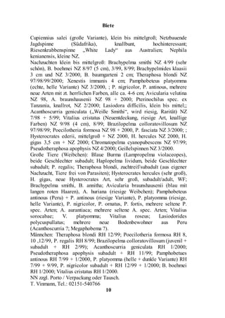 Biete

Cupiennius salei (große Variante), klein bis mittelgroß; Netzbauende
Jagdspinne          (Südafrika),        knallbunt,        hochinteressant;
Riesenkrabbenspinne „White Lady“ aus Australien; Nephila
kenianensis, kleine NZ.
Nachzuchten klein bis mittelgroß: Brachypelma smithi NZ 4/99 (sehr
schön), B. boehmei NZ 8/97 (5 cm), 3/99, 8/99; Brachypelmides klaasii
3 cm und NZ 3/2000, B. baumgarteni 2 cm; Theraphosa blondi NZ
97/98/99/2000; Xenestis immanis 4 cm; Pamphobeteus platyomma
(echte, helle Variante) NZ 3/2000, ; P. nigricolor, P. antinous, mehrere
neue Arten mit zt. herrlichen Farben, alle ca. 4-6 cm; Avicularia velutina
NZ 98, A. braunshausenii NZ 98 + 2000; Pterinochilus spec. ex
Tanzania, knallrot, NZ 2/2000; Lasiodora difficilis, klein bis mittel;;
Acanthoscurria geniculata („Weiße Smithi“, wird riesig, Rarität) NZ
7/98 + 5/99; Vitalius cristatus (Neuentdeckung, riesige Art, knallige
Farben) NZ 9/98 (4 cm), 8/99; Brazilopelma colloratovillosum NZ
97/98/99; Poecilotheria formosa NZ 98 + 2000, P. fasciata NZ 3/2000; ;
Hysterocrates ederii, mittelgroß + NZ 2000, H. hercules NZ 2000, H.
gigas 3,5 cm + NZ 2000; Chromatopelma cyanopubescens NZ 97/99;
Pseudotheraphosa apophysis NZ 4/2000; Geißelspinnen NZ 3/2000.
Große Tiere (Weibchen): Blaue Burma (Lampropelma violaceopes),
beide Geschlechter subadult; Haplopelma lividum, beide Geschlechter
subadult; P. regalis; Theraphosa blondi, zuchtreif/subadult (aus eigener
Nachzucht, Tiere frei von Parasiten); Hysterocrates hercules (sehr groß),
H. gigas, neue Hysterocrates Art, sehr groß, subadult/adult, WF;
Brachypelma smithi, B. annitha; Avicularia braunshausenii (blau mit
langen roten Haaren), A. huriana (riesige Weibchen); Pamphobeteus
antinous (Peru) + P. antinous (riesige Variante), P. platyomma (riesige,
helle Variante), P. nigricolor, P. ornatus, P. fortis, mehrere seltene P.
spec. Arten; A. aurantiaca; mehrere seltene A. spec. Arten; Vitalius
sorocabae;     V.     platyomma;      Vitalius    roseus;   Lasiodorides
polycuspullatus;     mehrere     neue     Bodenbewohner      aus     Peru
(Acanthoscurria ?; Megaphobema ?).
Männchen: Theraphosa blondi RH 12/99; Poecilotheria formosa RH 8,
10 ,12/99, P. regalis RH 8/99; Brazilopelma colloratovillosum (juvenil +
subadult + RH 2/99); Acanthoscurria geniculata RH 1/2000;
Pseudotheraphosa apophysis subadult + RH 11/99; Pamphobetues
antinous RH 7/99 + 1/2000, P. platyomma (helle + dunkle Variante) RH
7/99 + 9/99, P. nigricolor subadult + RH 12/99 + 1/2000; B. boehmei
RH 1/2000; Vitalius cristatus RH 1/2000.
NN zzgl. Porto / Verpackung oder Tausch.
T. Vinmann, Tel.: 02151-540766
                                    10
 