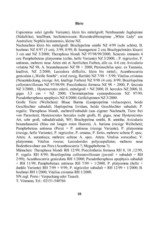 Nachzuchten von Acanthoscurria geniculata, Avicularia simoensis, Brachypelma
smithi, Grammostola grossa, G. iheringii, Tap...