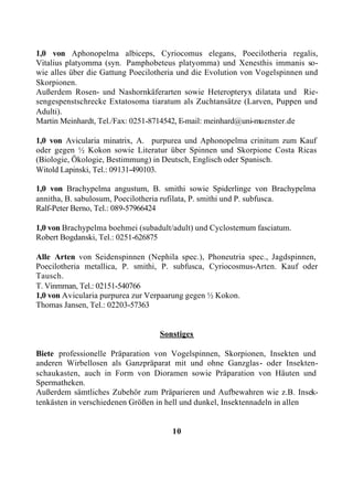 1,0 von Aphonopelma albiceps, Cyriocomus elegans, Poecilotheria regalis,
Vitalius platyomma (syn. Pamphobeteus platyomma) und Xenesthis immanis so-
wie alles über die Gattung Poecilotheria und die Evolution von Vogelspinnen und
Skorpionen.
Außerdem Rosen- und Nashornkäferarten sowie Heteropteryx dilatata und Rie-
sengespenstschrecke Extatosoma tiaratum als Zuchtansätze (Larven, Puppen und
Adulti).
Martin Meinhardt, Tel./Fax: 0251-8714542, E-mail: meinhard@uni-muenster.de

1,0 von Avicularia minatrix, A. purpurea und Aphonopelma crinitum zum Kauf
oder gegen ½ Kokon sowie Literatur über Spinnen und Skorpione Costa Ricas
(Biologie, Ökologie, Bestimmung) in Deutsch, Englisch oder Spanisch.
Witold Lapinski, Tel.: 09131-490103.

1,0 von Brachypelma angustum, B. smithi sowie Spiderlinge von Brachypelma
annitha, B. sabulosum, Poecilotheria rufilata, P. smithi und P. subfusca.
Ralf-Peter Berno, Tel.: 089-57966424

1,0 von Brachypelma boehmei (subadult/adult) und Cyclosternum fasciatum.
Robert Bogdanski, Tel.: 0251-626875

Alle Arten von Seidenspinnen (Nephila spec.), Phoneutria spec., Jagdspinnen,
Poecilotheria metallica, P. smithi, P. subfusca, Cyriocosmus-Arten. Kauf oder
Tausch.
T. Vinmman, Tel.: 02151-540766
1,0 von Avicularia purpurea zur Verpaarung gegen ½ Kokon.
Thomas Jansen, Tel.: 02203-57363


                                  Sonstiges

Biete professionelle Präparation von Vogelspinnen, Skorpionen, Insekten und
anderen Wirbellosen als Ganzpräparat mit und ohne Ganzglas- oder Insekten-
schaukasten, auch in Form von Dioramen sowie Präparation von Häuten und
Spermatheken.
Außerdem sämtliches Zubehör zum Präparieren und Aufbewahren wie z.B. Insek-
tenkästen in verschiedenen Größen in hell und dunkel, Insektennadeln in allen


                                      10
 