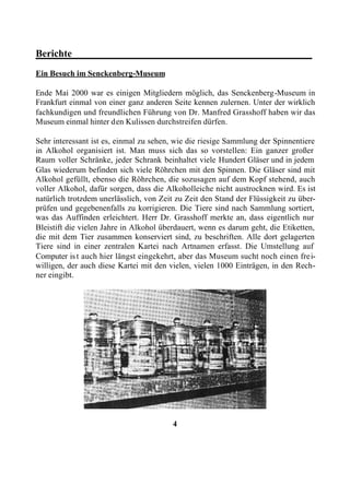 Berichte________________________________________________
Ein Besuch im Senckenberg-Museum

Ende Mai 2000 war es einigen Mitgliedern möglich, das Senckenberg-Museum in
Frankfurt einmal von einer ganz anderen Seite kennen zulernen. Unter der wirklich
fachkundigen und freundlichen Führung von Dr. Manfred Grasshoff haben wir das
Museum einmal hinter den Kulissen durchstreifen dürfen.

Sehr interessant ist es, einmal zu sehen, wie die riesige Sammlung der Spinnentiere
in Alkohol organisiert ist. Man muss sich das so vorstellen: Ein ganzer großer
Raum voller Schränke, jeder Schrank beinhaltet viele Hundert Gläser und in jedem
Glas wiederum befinden sich viele Röhrchen mit den Spinnen. Die Gläser sind mit
Alkohol gefüllt, ebenso die Röhrchen, die sozusagen auf dem Kopf stehend, auch
voller Alkohol, dafür sorgen, dass die Alkoholleiche nicht austrocknen wird. Es ist
natürlich trotzdem unerlässlich, von Zeit zu Zeit den Stand der Flüssigkeit zu über-
prüfen und gegebenenfalls zu korrigieren. Die Tiere sind nach Sammlung sortiert,
was das Auffinden erleichtert. Herr Dr. Grasshoff merkte an, dass eigentlich nur
Bleistift die vielen Jahre in Alkohol überdauert, wenn es darum geht, die Etiketten,
die mit dem Tier zusammen konserviert sind, zu beschriften. Alle dort gelagerten
Tiere sind in einer zentralen Kartei nach Artnamen erfasst. Die Umstellung auf
Computer is t auch hier längst eingekehrt, aber das Museum sucht noch einen frei-
willigen, der auch diese Kartei mit den vielen, vielen 1000 Einträgen, in den Rech-
ner eingibt.




                                         4
 
