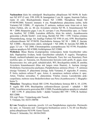 Nachzuchten: Acanthoscurria geniculata (7/00), Avicularia avicularia (5/00), A.
versicolor (5/00), Brachypelma albopilosum...