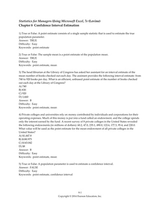 Statistics for Managers Using Microsoft Excel 7th Edition Levine Test ...