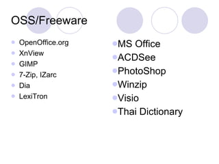 OSS/Freeware OpenOffice.org XnView GIMP 7-Zip, IZarc Dia LexiTron MS Office ACDSee PhotoShop Winzip Visio Thai Dictionary 