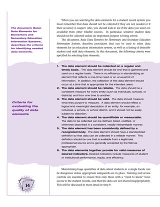 When you are selecting the data elements for a student record system you
                         must remember that data should not be collected if they are not needed or if
The document, Basic      their accuracy is suspect. Also, you should look to see if the data you want are
Data Elements for        available from other reliable sources. In particular, sensitive student data
Elementary and
                         should not be collected unless an important purpose is being served.
Secondary Education
                             The document, Basic Data Elements for Elementary and Secondary Education
Information Systems,
describes the criteria
                         Information Systems, describes procedures that can be used to select data
for identifying needed   elements for an education information system, as well as a listing of desirable
data elements.           student and staff data elements. In this document, the following criteria were
                         specified for selecting data elements.



                         1.   The data element should be collected on a regular and
                              timely basis. The data element should be one that is gathered and
                              used on a regular basis. There is no efficiency in standardizing an
                              element that reflects a one-time need or an unusual bit of
                              information. In addition, the collection of this data element should
                              occur at a time that is appropriate for the intended users.
                         2. The data element should be reliable. The data should be a
                              consistent measure for every entity (such as individuals, schools, or
                              districts) and from one time to another.
                         3. The data element should be valid. The data should measure
Criteria for                  what they purport to measure. A data element should reflect a
evaluating the                logical and meaningful description of an entity, for example, an
quality of data               individual, a school, or school district, and it should not be easily
elements                      subject to distortion.
                         4. The data element should be quantifiable or measurable.
                              The data to be collected can be defined, listed, codified, or
                              otherwise described in a consistent, readily interpretable manner.
                         5. The data element has been consistently defined by a
                              recognized body. The data element should have a standardized
                              definition so that data can be collected in a reliable manner. This
                              definition should be one that is available from a legitimate
                              professional source and is generally accepted by the field as
                              appropriate.
                         6. The data elements together provide for valid measures of
                              desired indicators. Desired indicators include measures of student
                              or institutional performance, equity, and efficiency.



                             Maintaining huge quantities of data about students in a single locale can
                         be dangerous unless appropriate safeguards are in place. Training and access
                         controls are essential to ensure that only those with a “need to know” have
                         access to the student records, and that the data are not shared inappropriately.

         14              This will be discussed in more detail in Step 9.
 