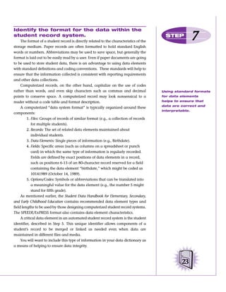 Identify the format for the data within the
student record system.
     The format of a student record is directly related to the characteristics of the
                                                                                          STEP
                                                                                                         7
storage medium. Paper records are often formatted to hold standard English
words or numbers. Abbreviations may be used to save space, but generally the
format is laid out to be easily read by a user. Even if paper documents are going
to be used to store student data, there is an advantage to using data elements
with standard definitions and coding conventions. These standards will help to
ensure that the information collected is consistent with reporting requirements
and other data collections.
     Computerized records, on the other hand, capitalize on the use of codes
rather than words, and even skip characters such as commas and decimal                  Using standard formats
points to conserve space. A computerized record may look nonsensical to a               for data elements
reader without a code table and format description.                                     helps to ensure that
                                                                                        data are correct and
     A computerized “data system format” is typically organized around these
                                                                                        interpretable.
components:
         1. Files: Groups of records of similar format (e.g., a collection of records
            for multiple students).
         2. Records: The set of related data elements maintained about
            individual students.
         3. Data Elements: Single pieces of information (e.g., Birthdate).
         4. Fields: Specific areas (such as columns on a spreadsheet or punch
            card) in which the same type of information is regularly recorded.
            Fields are defined by exact positions of data elements in a record,
            such as positions 6-13 of an 80-character record reserved for a field
            containing the data element “birthdate,” which might be coded as
            10141989 (October 14, 1989).
         5. Options/Codes: Symbols or abbreviations that can be translated into
            a meaningful value for the data element (e.g., the number 5 might
            stand for fifth grade).
     As mentioned earlier, the Student Data Handbook for Elementary, Secondary,
and Early Childhood Education contains recommended data element types and
field lengths to be used by those designing computerized student record systems.
The SPEEDE/ExPRESS format also contains data element characteristics.
     A critical data element in an automated student record system is the student
identifier, described in Step 5. This unique identifier allows components of a
student’s record to be merged or linked as needed even when data are
maintained in different files and media.
     You will want to include this type of information in your data dictionary as
a means of helping to ensure data integrity.



                                                                                                  23
 
