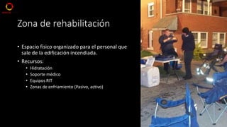 Zona de rehabilitación
• Espacio físico organizado para el personal que
sale de la edificación incendiada.
• Recursos:
• Hidratación
• Soporte médico
• Equipos RIT
• Zonas de enfriamiento (Pasivo, activo)
 