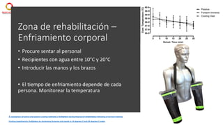 Zona de rehabilitación –
Enfriamiento corporal
• Procure sentar al personal
• Recipientes con agua entre 10°C y 20°C
• Introducir las manos y los brazos
• El tiempo de enfriamiento depende de cada
persona. Monitorear la temperatura
A comparison of active and passive cooling methods in firefighters during fireground rehabilitation following a live burn training
Cooling hyperthermic firefighters by immersing forearms and hands in 10 degrees C and 20 degrees C water.
 