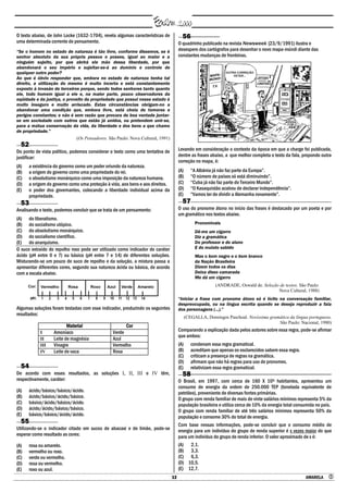 13 AMARELA 
O texto abaixo, de John Locke (1632-1704), revela algumas características de
uma determinada corrente de pensamento.
―Se o homem no estado de natureza é tão livre, conforme dissemos, se é
senhor absoluto da sua própria pessoa e posses, igual ao maior e a
ninguém sujeito, por que abrirá ele mão dessa liberdade, por que
abandonará o seu império e sujeitar-se-á ao domínio e controle de
qualquer outro poder?
Ao que é óbvio responder que, embora no estado de natureza tenha tal
direito, a utilização do mesmo é muito incerta e está constantemente
exposto à invasão de terceiros porque, sendo todos senhores tanto quanto
ele, todo homem igual a ele e, na maior parte, pouco observadores da
eqüidade e da justiça, o proveito da propriedade que possui nesse estado é
muito inseguro e muito arriscado. Estas circunstâncias obrigam-no a
abandonar uma condição que, embora livre, está cheia de temores e
perigos constantes; e não é sem razão que procura de boa vontade juntar-
se em sociedade com outros que estão já unidos, ou pretendem unir-se,
para a mútua conservação da vida, da liberdade e dos bens a que chamo
de propriedade.‖
(Os Pensadores. São Paulo: Nova Cultural, 1991)
52
Do ponto de vista político, podemos considerar o texto como uma tentativa de
justificar:
(A) a existência do governo como um poder oriundo da natureza.
(B) a origem do governo como uma propriedade do rei.
(C) o absolutismo monárquico como uma imposição da natureza humana.
(D) a origem do governo como uma proteção à vida, aos bens e aos direitos.
(E) o poder dos governantes, colocando a liberdade individual acima da
propriedade.
53
Analisando o texto, podemos concluir que se trata de um pensamento:
(A) do liberalismo.
(B) do socialismo utópico.
(C) do absolutismo monárquico.
(D) do socialismo científico.
(E) do anarquismo.
O suco extraído do repolho roxo pode ser utilizado como indicador do caráter
ácido (pH entre 0 e 7) ou básico (pH entre 7 e 14) de diferentes soluções.
Misturando-se um pouco de suco de repolho e da solução, a mistura passa a
apresentar diferentes cores, segundo sua natureza ácida ou básica, de acordo
com a escala abaixo.
Algumas soluções foram testadas com esse indicador, produzindo os seguintes
resultados:
Material Cor
I Amoníaco Verde
II Leite de magnésia Azul
III Vinagre Vermelho
IV Leite de vaca Rosa
54
De acordo com esses resultados, as soluções I, II, III e IV têm,
respectivamente, caráter:
(A) ácido/básico/básico/ácido.
(B) ácido/básico/ácido/básico.
(C) básico/ácido/básico/ácido.
(D) ácido/ácido/básico/básico.
(E) básico/básico/ácido/ácido.
55
Utilizando-se o indicador citado em sucos de abacaxi e de limão, pode-se
esperar como resultado as cores:
(A) rosa ou amarelo.
(B) vermelho ou roxo.
(C) verde ou vermelho.
(D) rosa ou vermelho.
(E) roxo ou azul.
56
O quadrinho publicado na revista Newsweek (23/9/1991) ilustra o
desespero dos cartógrafos para desenhar o novo mapa-múndi diante das
constantes mudanças de fronteiras.
Levando em consideração o contexto da época em que a charge foi publicada,
dentre as frases abaixo, a que melhor completa o texto da fala, propondo outra
correção no mapa, é:
(A) “A Albânia já não faz parte da Europa”.
(B) “O número de países só está diminuindo”.
(C) “Cuba já não faz parte do Terceiro Mundo”.
(D) “O Kasaquistão acabou de declarar independência”.
(E) “Vamos ter de dividir a Alemanha novamente”.
57
O uso do pronome átono no início das frases é destacado por um poeta e por
um gramático nos textos abaixo.
Pronominais
Dê-me um cigarro
Diz a gramática
Do professor e do aluno
E do mulato sabido
Mas o bom negro e o bom branco
da Nação Brasileira
Dizem todos os dias
Deixa disso camarada
Me dá um cigarro
(ANDRADE, Oswald de. Seleção de textos. São Paulo:
Nova Cultural, 1988)
―Iniciar a frase com pronome átono só é lícito na conversação familiar,
despreocupada, ou na língua escrita quando se deseja reproduzir a fala
dos personagens (...).‖
(CEGALLA, Domingos Paschoal. Novíssima gramática da língua portuguesa.
São Paulo: Nacional, 1980)
Comparando a explicação dada pelos autores sobre essa regra, pode-se afirmar
que ambos:
(A) condenam essa regra gramatical.
(B) acreditam que apenas os esclarecidos sabem essa regra.
(C) criticam a presença de regras na gramática.
(D) afirmam que não há regras para uso de pronomes.
(E) relativizam essa regra gramatical.
58
O Brasil, em 1997, com cerca de 160 X 106 habitantes, apresentou um
consumo de energia da ordem de 250.000 TEP (tonelada equivalente de
petróleo), proveniente de diversas fontes primárias.
O grupo com renda familiar de mais de vinte salários mínimos representa 5% da
população brasileira e utiliza cerca de 10% da energia total consumida no país.
O grupo com renda familiar de até três salários mínimos representa 50% da
população e consome 30% do total de energia.
Com base nessas informações, pode-se concluir que o consumo médio de
energia para um indivíduo do grupo de renda superior é x vezes maior do que
para um indivíduo do grupo de renda inferior. O valor aproximado de x é:
(A) 2,1.
(B) 3,3.
(C) 6,3.
(D) 10,5.
(E) 12,7.
 