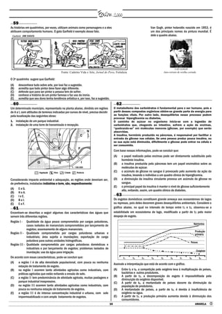 14 AMARELA 
59
As histórias em quadrinhos, por vezes, utilizam animais como personagens e a eles
atribuem comportamento humano. O gato Garfield é exemplo desse fato.
Fonte: Caderno Vida e Arte, Jornal do Povo, Fortaleza
Van Gogh, pintor holandês nascido em 1853, é
um dos principais nomes da pintura mundial. É
dele o quadro abaixo.
VAN GOGH
Auto-retrato de orelha cortada
O 3º quadrinho sugere que Garfield:
(A) desconhece tudo sobre arte, por isso faz a sugestão.
(B) acredita que todo pintor deve fazer algo diferente.
(C) defende que para ser pintor a pessoa tem de sofrer.
(D) conhece a história de um pintor famoso e faz uso da ironia.
(E) acredita que seu dono tenha tendência artística e, por isso, faz a sugestão.
60
Um determinado município, representado na planta abaixo, dividido em regiões
de A a I, com altitudes de terrenos indicadas por curvas de nível, precisa decidir
pela localização das seguintes obras:
1. instalação de um parque industrial.
2. instalação de uma torre de transmissão e recepção.
Considerando impacto ambiental e adequação, as regiões onde deveriam ser,
de preferência, instaladas indústrias e torre, são, respectivamente:
(A) E e G.
(B) H e A.
(C) I e E.
(D) B e I.
(E) E e F.
61
Encontram-se descritas a seguir algumas das características das águas que
servem três diferentes regiões.
Região I - Qualidade da água pouco comprometida por cargas poluidoras,
casos isolados de mananciais comprometidos por lançamento de
esgotos; assoreamento de alguns mananciais.
Região II - Qualidade comprometida por cargas poluidoras urbanas e
industriais; área sujeita a inundações; exportação de carga
poluidora para outras unidades hidrográficas.
Região III - Qualidade comprometida por cargas poluidoras domésticas e
industriais e por lançamento de esgotos; problemas isolados de
inundação; uso da água para irrigação.
De acordo com essas características, pode-se concluir que:
(A) a região I é de alta densidade populacional, com pouca ou nenhuma
estação de tratamento de esgoto.
(B) na região I ocorrem tanto atividades agrícolas como industriais, com
práticas agrícolas que estão evitando a erosão do solo.
(C) a região II tem predominância de atividade agrícola, muitas pastagens e
parque industrial inexpressivo.
(D) na região III ocorrem tanto atividades agrícolas como industriais, com
pouca ou nenhuma estação de tratamento de esgotos.
(E) a região III é de intensa concentração industrial e urbana, com solo
impermeabilizado e com amplo tratamento de esgotos.
62
O metabolismo dos carboidratos é fundamental para o ser humano, pois a
partir desses compostos orgânicos obtém-se grande parte da energia para
as funções vitais. Por outro lado, desequilíbrios nesse processo podem
provocar hiperglicemia ou diabetes.
O caminho do açúcar no organismo inicia-se com a ingestão de
carboidratos que, chegando ao intestino, sofrem a ação de enzimas,
“quebrando-se” em moléculas menores (glicose, por exemplo) que serão
absorvidas.
A insulina, hormônio produzido no pâncreas, é responsável por facilitar a
entrada da glicose nas células. Se uma pessoa produz pouca insulina, ou
se sua ação está diminuída, dificilmente a glicose pode entrar na célula e
ser consumida.
Com base nessas informações, pode-se concluir que:
(A) o papel realizado pelas enzimas pode ser diretamente substituído pelo
hormônio insulina.
(B) a insulina produzida pelo pâncreas tem um papel enzimático sobre as
moléculas de açúcar.
(C) o acúmulo de glicose no sangue é provocado pelo aumento da ação da
insulina, levando o indivíduo a um quadro clínico de hiperglicemia.
(D) a diminuição da insulina circulante provoca um acúmulo de glicose no
sangue.
(E) o principal papel da insulina é manter o nível de glicose suficientemente
alto, evitando, assim, um quadro clínico de diabetes.
63
Os esgotos domésticos constituem grande ameaça aos ecossistemas de lagos
ou represas, pois deles decorrem graves desequilíbrios ambientais. Considere o
gráfico abaixo, no qual no intervalo de tempo entre t1 e t3, observou-se a
estabilidade em ecossistema de lago, modificado a partir de t3 pelo maior
despejo de esgoto.
Assinale a interpretação que está de acordo com o gráfico.
(A) Entre t3 e t6, a competição pelo oxigênio leva à multiplicação de peixes,
bactérias e outros produtores.
(B) A partir de t3, a decomposição do esgoto é impossibilitada pela
diminuição do oxigênio disponível.
(C) A partir de t6, a mortandade de peixes decorre da diminuição da
população de produtores.
(D) A mortandade de peixes, a partir de t6, é devida à insuficiência de
oxigênio na água.
(E) A partir de t3, a produção primária aumenta devido à diminuição dos
consumidores.
 