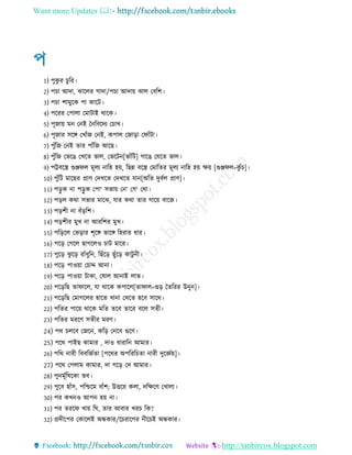 Want more Updates 
http://tanbircox.blogspot.com
1) পুকু র চুরর
2) পচা আদা, ঝারের োদা/পচা আদায় ঝাে তবরশ
3) পচা শামুরক পা কারি
4) পররর তপাো তমািাই থারক
5) পূোয় মন তনই চনরবরদয তচাখ
6) পূোর িরঙ্গ তখােঁে তনই, কপাে তোরা তিােঁিা
7) পুেঁরে তনই োর পােঁরে আরে
8) পুেঁরে তভরে তখরে ভাে, তভরিন[ভােঁরি] োরে তেরে ভাে
9) পট্টবরস্ত্র গুঞ্জিে মূেয নারহ হয়, রেন্ন বরস্ত্র তমারের মূেয নারহ হয় ক্ষয় [গুঞ্জিে=কু েঁচ]
10) পুেঁরি মারের প্রাণ তদখরে তদখরে োন[অরে দুবেে প্রাণ]
11) পরু ক না পরু ক তপা‘ িভায় তন‘ তে‘ তথা
12) পরে কথা িভার মারঝ, োর কথা োর োরয় বারে
13) পরশ না বেঁররশ
14) পরশ র মুখ না আররশর মুখ
15) পরররে তভরার শৃরঙ্গ ভারঙ্গ রহরার ার
16) পরর তেরে োেরেও চাি মারর
17) পুরর ঝু রর রােঁ ুরন, রেেঁরর েুেঁরর কািু ন
18) পরর পাওয়া তচাদ্দ আনা
19) পরর পাওয়া িাকা, তষাে আনাই োভ
20) পরররে োিারে, ো থারক কপারে[োিাে=গুর চেররর উনুন]
21) পরররে তমােরের হারে খানা তখরে হরব িারথ
22) পরের পারয় থারক মরে েরব োরর বরে িে
23) পরের মররণ িে র মরণ
24) পথ চেরব তেরন, করর তনরব গুরণ
25) পরথ পাইে কামার , দাও ারারন আমার
26) পরথ নার রববরেেো [পরথর অপরররচো নার দুরজ্ঞেয়]
27) পরথ তপোম কামার, দা েরর তদ আমার
28) পুনমূেরষরকা ভব
29) পুরব হােঁি, পরশ্চরম বােঁশ; উিরর কো, দরক্ষরণ তখাো
30) পর কখনও আপন হয় না
31) পর েররি খায় রঘ, োর আবার খরচ রক?
32) প্রদ রপর তকারেই অন্ধকার/রচরারের ন রচই অন্ধকার
 