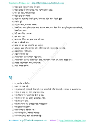 Want more Updates 
http://tanbircox.blogspot.com
74) মারয়র তচরয় দরদ তবরশ োরর বরে ডান
75) মারয়র তপারর না মারির তপারর, পারা পরশ র তকেন ওরর
76) মারর তো েণ্ডার, েুরি তো ভাণ্ডার
77) মাররর তচারি ভূ ে পাোয়
78) মাররা আর ররা রপর রদরয়রে কু রো, বরকা আর ঝরকা কারন রদরয়রে েুরো
79) রমেররর েুরর
80) রমরে কর আম্বা, ো কররন েেদম্বা
81) রমিান্নরমেরর েনাঃ (রববাহকারে) কনযা কাময়রে রূপং, মাো রবিং, রপো শ্রুেম্[রবদযা];বান্ধবাঃ কু েরমচ্ছরে,
রমিান্নরমেরর েনাঃ
82) রমরি কথায় রচেঁরর তভরে না
83) তমও ররব তক?
84) তমরে এরন রবরেরয় খায় হারে হারে স্বেে পায়
85) তমঘ না চাইরেই েে
86) তমরে ঘরষ হে ক্ষয়, কারো রক েবু রো হয়
87) তমরয়রদর শ্বশুর বারর বরে রকেু তনই, তিিাই োর বারর; বারপর বারর তবরু বারর
88) তমরয়র মারয়র পােঁচিা প্রাণ
89) তমরর েুরোর ানা করা
90) তমােে পা ান হদ্দ হে িাররি পরর োেঁরে
91) তমােে পা ান হদ্দ হে, িাররি পররন োেঁরে, বাঘ পাোে রবরাে এে, রশকার কররে হারে
92) তমাোর তদৌর মিরেদ অবর /পেেে/েক
93) তমৌনং িম্মরে েক্ষনম্
1) েঃ পোয়রে ি ে বরে
2) েরকর তচারখ ঘুম নাই
3) েখন আদর েুরি, িু িকোই রদরয় িু রি; েখন আদর িু রি, তেেঁরক রদরয় কু রি েখনকার ো েখনকার ো
4) েখন েখন করর পাপ, িময় বুরঝ িরে পাপ
5) েখন রবর মাপায়, েখন উপরর উপরর মাপায়
6) েখন োর কপাে রর শুকরনা ডাোয় রডরে িরর
7) েখন োর েখন োর
8) েখন োর পরো হয়, ুরোমুর া রর তিানামুর া হয়
9) েখন তেমন েখন তেমন
10) েেমান বামুরনর অন্নাভাব তনই
11) েে কর োরাোরর, তখয়াঘারি েরােরর
12) েে কর পুেু পুেু , েরো হয় তোোর োেু
 