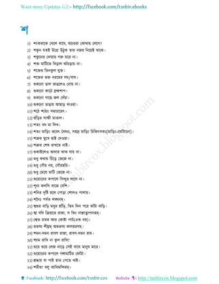 Want more Updates 
http://tanbircox.blogspot.com
1) শংকরারক তখরে বারঘ, অরনযরা তকাথায় তেরে?
2) শকু ন েেই উরপ্র উ ুক োর নের রনরচই থারক
3) শকু রনর তদায়ায় েরু মরর না
4) শি মারিরে রবরাে আেঁচরায় না
5) শরির রেনকু ে মুি
6) শরির ভি নররমর েম/বাঘ
7) শুকরনা ডাে ভােরেও তনায় না
8) শুকরনা কার ব্রহ্মশাপ
9) শুকরনা োরে েে তিেঁচা
10) শুকরনা ডাোয় আোর খাওয়া
11) শর শা যং িমাচাররৎ
12) শুেঁররর িাক্ষ মাোে
13) শেং বদ মা রেখ
14) শেং মাররং ভরবৎ চবদযঃ, িহস্র মাররং রচরকৎিকঃ[মাররং=রঘােঁিারনা]
15) শত্রুর মুরখ োই তদওয়া
16) শত্রুর তশষ রাখরে নাই
17) শুকাইরেও আদার ঝাঝ োয় না
18) শু ু কথায় রচেঁরর তভরে না
19) শু ু তেৌর নয়, তেৌরহরর
20) শু ু তমরঘ মারি তভরে না
21) শুরয়াররর কপারে রিন্দুর োরে না
22) শূনয কেরি বারে তবরশ
23) শরনর দৃরি হরে তপারা তশােও পাোয়
24) শননঃ পবেে েঙ্ঘনম্
25) শ্বশুর বারর ম ুর হােঁরর, রেন রদন পরর ঝােঁিা বারর
26) শ্বা েরদ ররয়রে রাো, ি রকং নাশ্নােুযপানহম্
27) তশ্বে চামর আর তকািা পাি(এক নয়)
28) শুভিয শ ঘ্রম্ অশুভিয কােহরণম্
29) শমন-দমন রাবণ রাো, রাবণ-দমন রাম
30) শযাম রারখ না কু ে রারখ?
31) শুরয় শুরয় তেে নারর তিই বারঘ মানুষ মারর
32) শুরয়াররর কপারে েঙ্গামারির তিােঁিা
33) শ্রোর ো পাই হাে তপরে খাই
34) শর রং খেু বযার মরন্দরম্
 