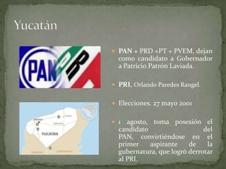  PAN + PRD +PT + PVEM, dejan
como candidato a Gobernador
a Patricio Patrón Laviada.
 PRI, Orlando Paredes Rangel.
 Elecciones. 27 mayo 2001
 1 agosto, toma posesión el
candidato del
PAN, convirtiéndose en el
primer aspirante de la
gubernatura, que logró derrotar
al PRI.
 