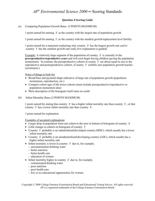 AP® Environmental Science 2000 ─ Scoring Standards
                                            Question 4 Scoring Guide

(a)      Comparing Population Growth Rates (3 POINTS MAXIMUM)

         1 point earned for naming X as the country with the largest rate of population growth

         1 point earned for naming Y as the country with the smallest growth/replacement level fertility

         1 point earned for a statement explaining why country X has the largest growth rate and/or
          country Y has the smallest growth rate (only first explanation is graded)

         Example: A relatively large segment of the population of country X is currently in the
         prereproductive/reproductive years and will soon begin having children (giving the population
         momentum). In contrast, the prereproductive cohorts in county Y are about equal in size to the
         reproductive and postreproductive cohorts. (Country Y exhibits zero population growth/reaches
         recruitment.)

         Notes of things to look for:
         • Broad base and pyramid shape indicative of large rate of population growth (population
            momentum, reproduction, etc.)
         • Compare cohort ages of the lower cohorts (must include prereproductive/reproductive or
            population momentum idea)
         • Mere description of the histogram itself earns no credit

(b)      Infant Mortality Rates (2 POINTS MAXIMUM)

         1 point earned for stating that country X has a higher infant mortality rate than country Y , or that
         country Y has a lower infant mortality rate than country X .

         1 point earned for explanation

         Examples of accepted explanations:
         • Larger drop in population from one cohort to the next in bottom of histogram of country X
         • Little change in cohorts on histogram of country Y
         • Country Y probably is an industrialized/developed country (MDC), which usually has a lower
            infant mortality rate
         • Country X probably is an unindustrialized/developing country (LDC), which usually has a
            higher infant mortality rate
         • Infant mortality is lower in country Y due to, for example,
           - uncontaminated drinking water
           - better nutrition
           - better health care
           - education of women
         • Infant mortality higher in country X due to, for example,
           - contaminated drinking water
           - poor nutrition
           - poor health care
           - few or no educational opportunities for women



      Copyright © 2000 College Entrance Examination Board and Educational Testing Service. All rights reserved.
                      AP is a registered trademark of the College Entrance Examination Board.
 