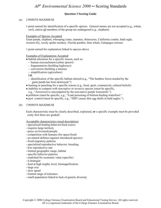 AP® Environmental Science 2000 ─ Scoring Standards
                                           Question 3 Scoring Guide

(a)     2 POINTS MAXIMUM

        1 point earned for identification of a specific species. General names are not accepted (e.g., whale,
          owl), unless all members of the group are endangered (e.g., elephant).

        Examples of Species Accepted
        Giant panda, elephant, whooping crane, manatee, rhinoceros, California condor, bald eagle,
        western lily, wooly spider monkey, Florida panther, blue whale, Galapagos tortoise

        1 point earned for explanation linked to species above

        Examples of Explanations Accepted
        ● habitat alteration for a specific reason, such as:
          - human encroachment (urban sprawl)
          - fragmentation (building highways)
          - conversion (building a marina)
          - simplification (agriculture)
          OR
          - identification of the specific habitat altered (e.g., “The bamboo forest needed by the
             giant panda has been destroyed.”)
        ● hunting or poaching for a specific reason (e.g., food, sport, commercial, cultural beliefs)
        ● inability to compete with non-native or invasive species (must be specific,
          e.g., “Arrowroot is outcompeted by the non-native purple loosestrife.”)
        ● pollution (must be specific, e.g., “Lead poisoning of bottom-feeding waterfowl.”
        ● pest control (must be specific, e.g., “DDT causes thin egg shells in bald eagles.”)

(b)     3 POINTS MAXIMUM

        Each characteristic must be clearly described, explained, or a specific example must be provided
         (only first three are graded)

        Acceptable characteristics (need description)
        - specialized feeding behavior/food source
        - requires large territory
        - preys on livestock/people
        - competition with humans (for space/food)
        - no natural defense (against introduced species)
        - fixed migratory patterns
        - specialized reproductive behavior, breeding
        - low reproductive rate
        - limited geographic range, habitat
        - specific behavior patterns
        - exploited for economic value (specific)
        - k-strategist
        - feed at high trophic level, biomagnification
        - large size
        - slow speed
        - limited range of tolerance
        - small population linked to lack of genetic diversity




      Copyright © 2000 College Entrance Examination Board and Educational Testing Service. All rights reserved.
                      AP is a registered trademark of the College Entrance Examination Board.
 