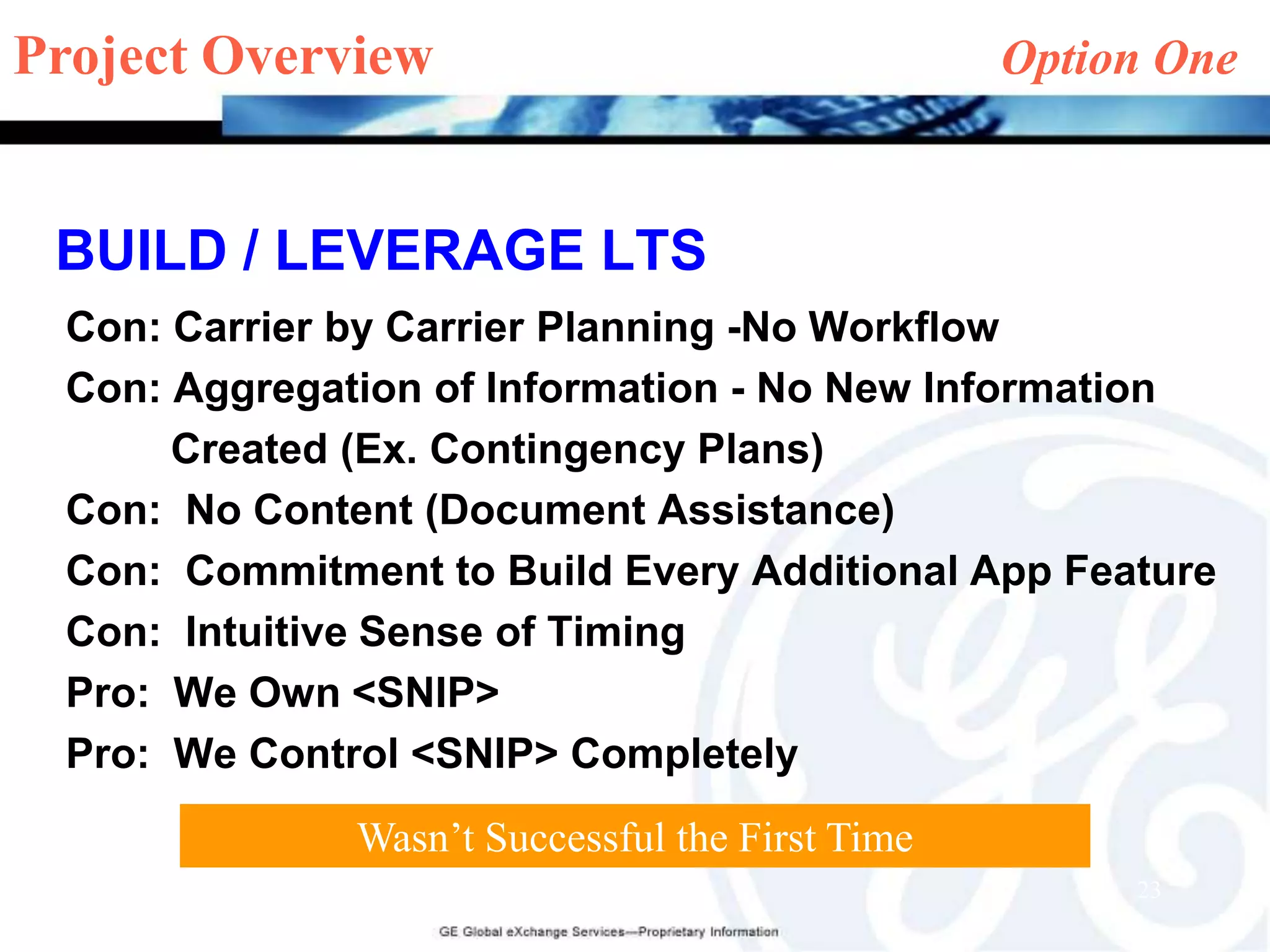 Whirlpool has also increased its buying power with truck & rail companies, reaping volume discounts.Project Overview    		    Competitive LandscapeVERTICAL EXCHANGESPROVIDERS EXPANDING TO ALL AREASTHIRDPARTYLOGISTICS /CARRIERSShipChem.comGlobalcoal.comRetail.come-Steel.comRai1.come.Chemicals.comPetroDex.comFedEx Logistics