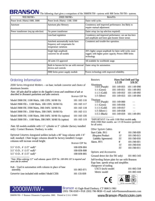 The following chart gives a comparison of the 2000IW/IW+ systems with 900 Series IW/IW+ systems.
             900 IW/IW+                                2000 IW/IW+                                            Benefits
Power levels (Watts):1000, 2000           Power levels (Watts): 1100, 2200           Faster weld cycles.
Autotune                                  Autotune plus Memory                       Consistency and improved performance; less likely to
                                                                                     require manual adjustment.
Power transformer (req.tap selection)     No power transformer                       Easier setup (no tap selection required).
                                          Line/load regulation                       Consistency and improved performance; can use less force
                                                                                     and amplitude and lower gain booster (lower stress).
                                          AutoSeek automatically tracks horn         Consistent and trouble-free operation.
                                          frequency and compensates for
                                          temperature variations
                                          Single high-amplitude                      20% higher output amplitude for faster weld cycles; more
                                          converter for all models                   rugged, with higher power capacity. Proven 2000 Series
                                                                                     technology.
                                          All units CE approved                      All available for worldwide usage.
                                          Built-in harness kit for use with external Easier setup for automation.
                                          devices and controls
                                          2000 Series power supply module            Proven technology with improved reliability.


Ordering Information                                                                       Boosters                   Horn End Drill and Tap
                                                                                                                      1/2-20        3/8-24*
2000 Series Integrated Welders – on base; include converter and choice of                  Aluminum
                                                                                              1:0.6 (Purple)        101-149-055     101-149-090
aluminum booster.
                                                                                              1:1 (Green)           101-149-051     101-149-093
Note: All sales shall be subject to the Supplier’s terms and conditions of sale as            1:1.5 (Gold)          101-149-052     101-149-092
described in Branson’s quotations and sales contracts.
                                                                     Branson EDP No.          1:2 (Silver)          101-149-053     101-149-094
Model 2000 IW, 1100 Watts, 100-120V, 50/60 Hz                          101-162-116         Titanium
                                                                                               1:0.6 (Purple) 101-149-060               ---
Model 2000 IW+, 1100 Watts, 100-120V, 50/60 Hz                         101-162-117             1:1 (Green)    101-149-056               ---
Model 2000 IW, 2200 Watts, 200-240V, 50/60 Hz                          101-162-118             1:1.5 (Gold)   101-149-057               ---
Model 2000 IW+, 2200 Watts, 200-240V, 50/60 Hz                         101-162-115             1:2 (Silver) ) 101-149-058               ---
                                                                                               1:2.5 (Black)  101-149-059           101-149-091
Model 2000 IW, 1100 Watts, 200-240V, 50/60 Hz (option)                 101-162-120         __________________
Model 2000 IW+, 1100 Watts, 200-240V, 50/60 Hz (option)                101-162-119         *IMPORTANT: Use with 1100-Watt models only.
                                                                                           With 2200-Watt models, use 1/2-20 boosters (preferred
                                                                                           for all units).
Note: All models available with 1.5 cylinder or 2 cylinder (factory installed
only). Contact Branson, Danbury, to order.                                                 Other System Cables
                                                                                           Start Cable, J911               8'       101-240-020
Optional Columns–Integrated welders include a 40 long column with 1/4                     (Requires Product              15'      101-240-015
wall, standard. (Note: longer columns should be factory installed.) Longer                   Liability Agreement)          25'      101-240-010
columns will increase overall height.                                                      Alarm, J971                     8'       101-240-021
                                                                     Branson EDP No.
                                                                                                                           15'      101-240-016
3.5 O.D., 4' (1/2 wall)*                                             100-028-004                                         25'      101-240-011
3.5 O.D., 5' (1/2 wall)*                                             100-028-008
                                                                                           Options and Accessories
3.5 O.D., 6' (1/2 wall)*                                             100-028-005
_______________                                                                            Ground detect kit (for IW only)         101-063-343
*Note: When ordering 1/2 wall columns, spacer EDP No. 100-094-107 is required and         Self-leveling fixture plate for use with Branson
must also be ordered.
                                                                                           Ergo base, speeds setup and simplifies
                                                                                           changeover of tooling.
Hub - Used in automation with column in place of base
 assembly.                                                             101-063-071             USCS (inch) model                   101-063-358
                                                                                               Metric model                        101-063-444
Converter (one included with welder) Model CJ20:                       101-135-059




  2000IW/IW+                                               Branson 41 Eagle Road Danbury, CT 06813-1961
                                                           (203) 796-0349 • FAX (203) 796-9838 • E-mail: info@bransonultrasonics.com
2000IW/IW+ © Branson Ultrasonics Corporation, 2003. Printed in U.S.A. 3/2003                       www.Branson-PlasticsJoin.com
 