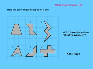 Mathematics Paper  Q9 Next Page Here are some shaded shapes on a grid.  Which  three  shapes have  reflective symmetry ?  