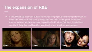 The expansion of R&B
➔ In the 2000s R&B expanded outside its bounds bringing musicians from pretty much all
around the world with musicians putting their own twist on the genre. From Latin
America and the caribbean we have singers like Shakira from Colombia, Wyclef Jean
from Haiti, Baby Bash and Frankie J from Mexico, and Sean Paul from Jamaica
 