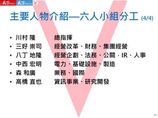 • 川村 隆 總指揮
• 三好 崇司 經營改革、財務、集團經營
• 八丁 地隆 經營企劃、法務、公關．IR、人事
• 中西 宏明 電力、基礎設施、製造
• 森 和廣 業務、國際
• 高橋 直也 資訊事業、研究開發
主要人物介紹—六人小組分工 (4/4)
14
 