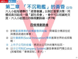 第二章 「不沉戰艦」的黃昏 (2/3)
六人小組每週舉行「經營會議」以制訂重要決策；同
樣成員另組成一個「副社長會」，會中可以坦誠地交
流。六人小組提出四條規劃路線。(P.78)
四條規劃路線
 針對虧損事業的結構重整與縮編。明確區分應該拉近
與應該疏遠的事業。
 以社會創新(Social Innovation)事業進軍世界的成長戰
略。
 上市子公司的收編，將流出公司外的獲利拉回。
 以分公司制(Company System)讓各事業部門獨立自主
(其權限較「事業部制」更大) 。
20
 