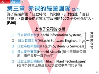 第三章 赤裸的經營團隊 (2/4)
為了突破所謂「日立時間」的限制，川村提出「百日
計畫」，計畫先從五家上市公司的100%子公司化切入。
(P.96)
上市子公司的收編
 日立資訊系統(Hitachi Information Systems)
 日立軟體工程(Hitachi Software Engineering)
 日立系統與服務(Hitachi Systems & Services)
 日立麥克賽爾(Hitachi Maxell) (川村回歸總公司
前，擔任會長一職的公司)
 日立工業設備技術(Hitachi Plant Technologies)
(在海外負責工廠建設或水處理事業的的公司)
23
資
訊
類
公
司
 