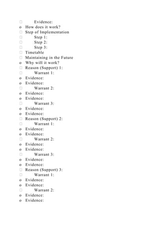 Evidence:
o How does it work?
Step of Implementation
Step 1:
Step 2:
Step 3:
Timetable
Maintaining in the Future
o Why will it work?
Reason (Support) 1:
Warrant 1:
o Evidence:
o Evidence:
Warrant 2:
o Evidence:
o Evidence:
Warrant 3:
o Evidence:
o Evidence:
Reason (Support) 2:
Warrant 1:
o Evidence:
o Evidence:
Warrant 2:
o Evidence:
o Evidence:
Warrant 3:
o Evidence:
o Evidence:
Reason (Support) 3:
Warrant 1:
o Evidence:
o Evidence:
Warrant 2:
o Evidence:
o Evidence:
 