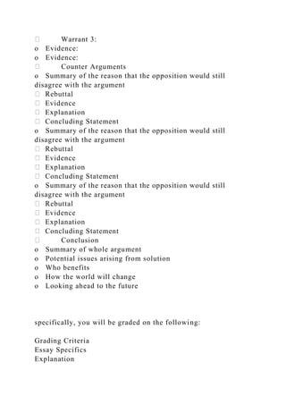 Warrant 3:
o Evidence:
o Evidence:
Counter Arguments
o Summary of the reason that the opposition would still
disagree with the argument
Rebuttal
Evidence
Explanation
Concluding Statement
o Summary of the reason that the opposition would still
disagree with the argument
Rebuttal
Evidence
Explanation
Concluding Statement
o Summary of the reason that the opposition would still
disagree with the argument
Rebuttal
Evidence
Explanation
Concluding Statement
Conclusion
o Summary of whole argument
o Potential issues arising from solution
o Who benefits
o How the world will change
o Looking ahead to the future
specifically, you will be graded on the following:
Grading Criteria
Essay Specifics
Explanation
 