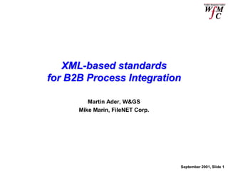 XML-based standards
for B2B Process Integration

         Martin Ader, W&GS
      Mike Marin, FileNET Corp.




                                  September 2001, Slide 1
 