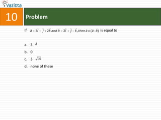 10    Problem
                                                         
     If   a   3ˆ
               i       j  ˆ
                       ˆ 2k and b   2ˆ
                                     i   ˆ
                                         j   ˆ
                                             k , then a x (a b)   is equal to

              
     a. 3     a

     b. 0
     c. 3         14

     d. none of these
 