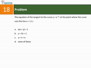 18   Problem

     The equation of the tangent to the curve y = e-|x| at the point where the curve
     cuts the line x = 1 is :


     a. e(x + y) = 1
     b. y + 2x = 1
     c. y + x = e
     d. none of these
 