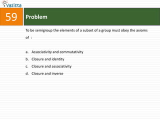 59   Problem

     To be semigroup the elements of a subset of a group must obey the axioms
     of :


     a. Associativity and commutativity
     b. Closure and identity
     c. Closure and associativity
     d. Closure and inverse
 