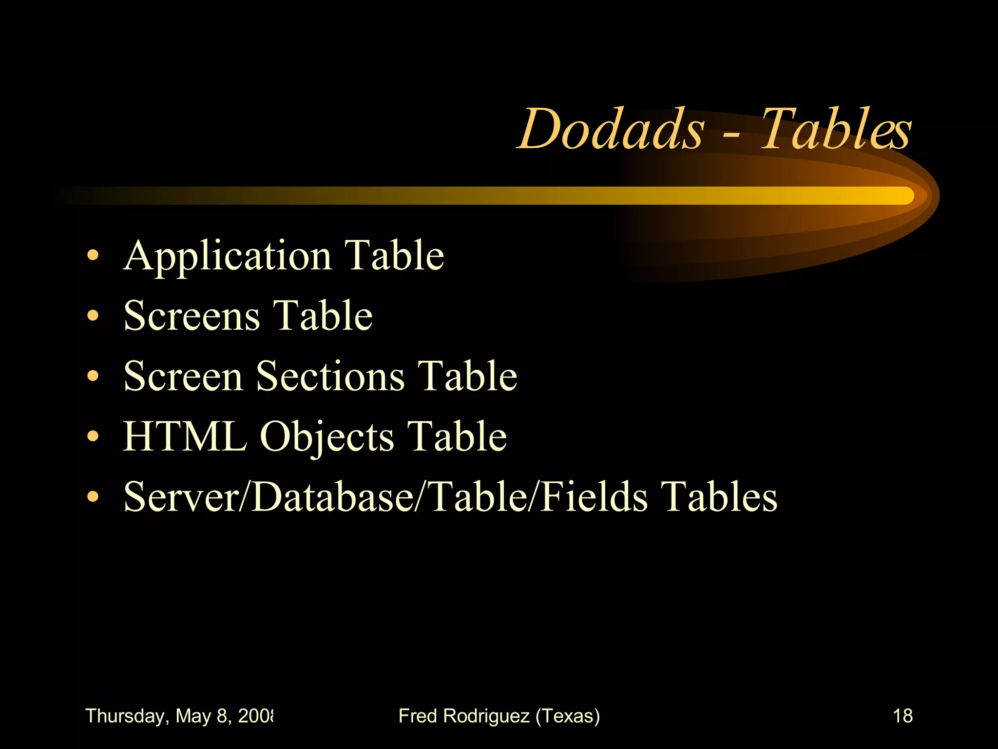 Dodads - Tables Application Table Screens Table Screen Sections Table HTML Objects Table Server/Database/Table/Fields Tables 