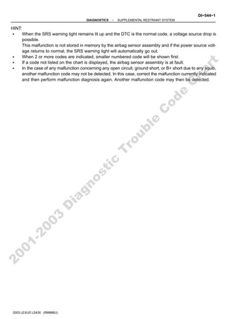 −
DIAGNOSTICS SUPPLEMENTAL RESTRAINT SYSTEM
DI−544−1
720
2003 LEXUS LS430 (RM988U)
HINT:
S When the SRS warning light remains lit up and the DTC is the normal code, a voltage source drop is
possible.
This malfunction is not stored in memory by the airbag sensor assembly and if the power source volt-
age returns to normal, the SRS warning light will automatically go out.
S When 2 or more codes are indicated, smaller numbered code will be shown first.
S If a code not listed on the chart is displayed, the airbag sensor assembly is at fault.
S In the case of any malfunction concerning any open circuit, ground short, or B+ short due to any squib,
another malfunction code may not be detected. In this case, correct the malfunction currently indicated
and then perform malfunction diagnosis again. Another malfunction code may then be detected.
2
0
0
1
-
2
0
0
3
D
i
a
g
n
o
s
t
i
c
T
r
o
u
b
l
e
C
o
d
e
C
h
a
r
t
 