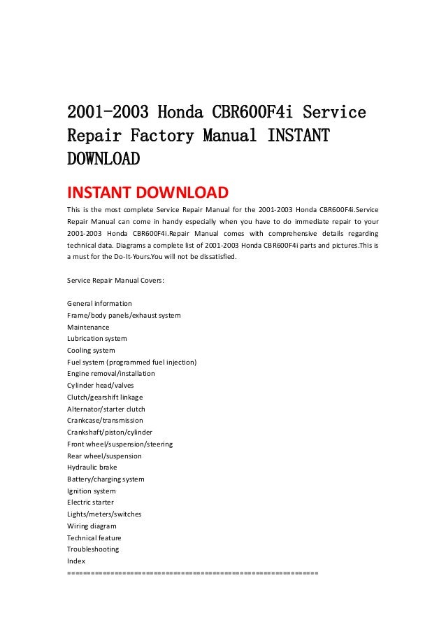 2001 2003 honda cbr600 f4i service repair factory manual instant down…