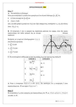 lisari.blogspot.gr
10 | Σ ε λ ί δ α
ΠΡΟΣΟΜΟΙΩΣΗΣ 2004
Θέμα 1ο
A. Να αποδείξετε το θεώρημα:
Έστω μια συνάρτηση f, η οποία είναι ορισμένη σε ένα κλειστό διάστημα . Αν
 η f είναι συνεχής στο  α, β και

τότε, για κάθε αριθμό η μεταξύ των  f a και  f β υπάρχει ένας, τουλάχιστον  0x a, β τέτοιος
ώστε:  0f x η .
B. Η συνάρτηση f, που η γραφική της παράσταση φαίνεται στο σχήμα, είναι δύο φορές
παραγωγίσιμη στο πεδίο ορισμού της με συνεχή δεύτερη
παράγωγο.
Να βρείτε, αν η τιμή των ολοκληρωμάτων 1 2 3I ,I , I
είναι θετική ή αρνητική.
Γ. Να αντιστοιχίσετε καθένα από τα όρια της στήλης Α με την τιμή του της στήλης Β.
ΣΤΗΛΗ Α ΣΤΗΛΗ Β
1.
x 0
ημ x
lim
x
2.
x 0
1
lim x ημ
x
 
 
 
3.
x 0
lim ln x

4. xx
1
lim
e
α. 
β. 0
γ. 1
δ. 
Δ. Έστω η συνάρτηση    v
f x x ,v IN 0, 1   . Να αποδείξετε ότι η συνάρτηση f είναι
παραγωγίσιμη στο  και ισχύει   v 1
f ' x vx 
 .
Θέμα 2ο
Οι συναρτήσεις f, g είναι ορισμένες και παραγωγίσιμες στο  με
για κάθε x .
 , 
   f a f 
 
3
1 0
I f x dx
 
3
2 0
'I f x dx
 
3
3 0
''I f x dx
     ' ' 1, ' 1f x g x f x  
 