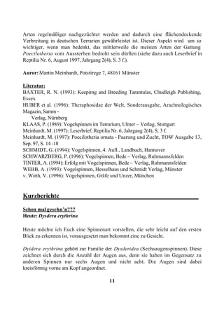 Arten regelmäßiger nachgezüchtet werden und dadurch eine flächendeckende
Verbreitung in deutschen Terrarien gewährleistet ist. Dieser Aspekt wird um so
wichtiger, wenn man bedenkt, das mittlerweile die meisten Arten der Gattung
Poecilotheria vom Aussterben bedroht sein dürften (siehe dazu auch Leserbrief in
Reptilia Nr. 6, August 1997, Jahrgang 2(4), S. 3 f.).

Auror: Martin Meinhardt, Potstirege 7, 48161 Münster

Literatur:
BAXTER, R. N. (1993): Keepimg and Breeding Tarantulas, Chudleigh Publishing,
Essex
HUBER et al. (1996): Theraphosidae der Welt, Sonderausgabe, Arachnologisches
Magazin, Samm -
    Verlag, Nürnberg
KLAAS, P. (1989): Vogelspinnen im Terrarium, Ulmer – Verlag, Stuttgart
Meinhardt, M. (1997): Leserbrief, Reptilia Nr. 6, Jahrgang 2(4), S. 3 f.
Meinhardt, M. (1997): Poecilotheria ornata - Paarung und Zucht, TOW Ausgabe 13,
Sep. 97, S. 14 -18
SCHMIDT, G. (1994): Vogelspinnen, 4. Aufl., Landbuch, Hannover
SCHWARZBERG, P. (1996): Vogelspinnen, Bede – Verlag, Ruhmannsfelden
TINTER, A. (1994): Erfolg mit Vogelspinnen, Bede – Verlag, Ruhmannsfelden
WEBB, A. (1993): Vogelspinnen, Hesselhaus und Schmidt Verlag, Münster
v. Wirth, V. (1996): Vogelspinnen, Gräfe und Unzer, München


Kurzberichte____________________________________________

Schon mal gesehn’n???
Heute: Dysdera erythrina

Heute möchte ich Euch eine Spinnenart vorstellen, die sehr leicht auf den ersten
Blick zu erkennen ist, vorausgesetzt man bekommt eine zu Gesicht.

Dyidera erythrina gehört zur Familie der Dysderidea (Sechsaugenspinnen). Diese
zeichnet sich durch die Anzahl der Augen aus, denn sie haben im Gegensatz zu
anderen Spinnen nur sechs Augen und nicht acht. Die Augen sind dabei
kreisförmig vorne am Kopf angeordnet.

                                      11
 