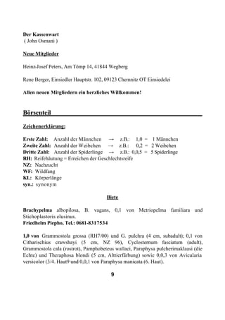 Der Kassenwart
( John Osmani )

Neue Mitglieder

Heinz-Josef Peters, Am Tömp 14, 41844 Wegberg

Rene Berger, Einsiedler Hauptstr. 102, 09123 Chemnitz OT Einsiedelei

Allen neuen Mitgliedern ein herzliches Willkommen!


Börsenteil_______________________________________________

Zeichenerklärung:

Erste Zahl: Anzahl der Männchen → z.B.: 1,0 = 1 Männchen
Zweite Zahl: Anzahl der Weibchen → z.B.: 0,2 = 2 Weibchen
Dritte Zahl: Anzahl der Spiderlinge → z.B.: 0,0,5 = 5 Spiderlinge
RH: Reifehäutung = Erreichen der Geschlechtsreife
NZ: Nachzucht
WF: Wildfang
KL: Körperlänge
syn.: synonym

                                      Biete

Brachypelma albopilosa, B. vagans, 0,1 von Metriopelma familiara und
Stichoplastoris elusinus.
Friedhelm Piepho, Tel.: 0681-8317534

1,0 von Grammostola grossa (RH7/00) und G. pulchra (4 cm, subadult); 0,1 von
Citharischius crawshayi (5 cm, NZ 96), Cyclosternum fasciatum (adult),
Grammostola cala (rostrot), Pamphobeteus wallaci, Paraphysa pulcherimaklaasi (die
Echte) und Theraphosa blondi (5 cm, Alttierfärbung) sowie 0,0,3 von Avicularia
versicolor (3/4. Haut9 und 0,0,1 von Paraphysa manicata (6. Haut).

                                        9
 