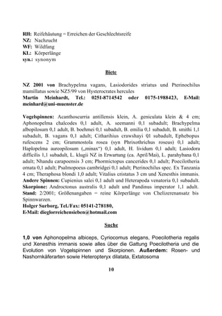 RH: Reifehäutung = Erreichen der Geschlechtsreife
NZ: Nachzucht
WF: Wildfang
KL: Körperlänge
syn.: synonym

                                       Biete

NZ 2001 von Brachypelma vagans, Lasiodorides striatus und Pterinochilus
mamillatus sowie NZ5/99 von Hysterocrates hercules
Martin Meinhardt, Tel.: 0251-8714542 oder 0175-1988423, E-Mail:
meinhard@uni-muenster.de

Vogelspinnen: Acanthoscurria antillensis klein, A. geniculata klein & 4 cm;
Aphonopelma chalcodes 0,1 adult, A. seemanni 0,1 subadult; Brachypelma
albopilosum 0,1 adult, B. boehmei 0,1 subadult, B. emilia 0,1 subadult, B. smithi 1,1
subadult, B. vagans 0,1 adult; Citharihius crawshayi 0 subadult, Ephebopus
                                                             ,1
rufescens 2 cm; Grammostola rosea (syn Phrixothrichus roseus) 0,1 adult;
Haplopelma aureopilosum („minax“) 0,1 adult, H. lividum 0,1 adult; Lasiodora
difficilis 1,1 subadult, L. klugii NZ in Erwartung (ca. April/Mai), L. parahybana 0,1
adult; Nhandu carapoensis 3 cm; Phormictopus cancerides 0,1 adult; Poecilotheria
ornata 0,1 adult; Psalmopoeus cambridgei 0,1 adult; Pterinochilus spec. Ex Tanzania
4 cm; Theraphosa blondi 1,0 adult; Vitalius cristatus 3 cm und Xenesthis immanis.
Andere Spinnen: Cupienius salei 0,1 adult und Heterapoda venatoria 0,1 subadult.
Skorpione: Androctonus australis 0,1 adult und Pandinus imperator 1,1 adult.
Stand: 2/2001; Größenangaben = reine Körperlänge von Chelizerenansatz bis
Spinnwarzen.
Holger Surborg, Tel./Fax: 05141-278180,
E-Mail: dieglorreichensieben@hotmail.com

                                       Suche

1,0 von Aphonopelma albiceps, Cyriocomus elegans, Poecilotheria regalis
und Xenesthis immanis sowie alles über die Gattung Poecilotheria und die
Evolution von Vogelspinnen und Skorpionen. Außerdem: Rosen- und
Nashornkäferarten sowie Heteropteryx dilatata, Extatosoma

                                         10
 