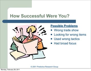 How Successful Were You?

                                                   Possible Problems
                                                    Wrong trade show
                                                    Looking for wrong items
                                                    Used wrong tactics
                                                    Had broad focus




                            © 2001 Predictive Research Group
Monday, February 28, 2011
 