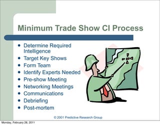 Minimum Trade Show CI Process
               Determine Required
                Intelligence
               Target Key Shows
               Form Team
               Identify Experts Needed
               Pre-show Meeting
               Networking Meetings
               Communications
               Debriefing
               Post-mortem
                            © 2001 Predictive Research Group
Monday, February 28, 2011
 