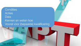 Foto: © iqoncept, Depositphotos
Condities
Acties
Data
Kennen en weten hoe
Vooral voor (bepaalde) kwalificering
 