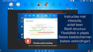 Instructies met
interactie,
actief leren
Biedt structuur
Flexibiliteit in plaats
Betere beeldschermen
(betere verbindingen)
15. Virtual classroom
 